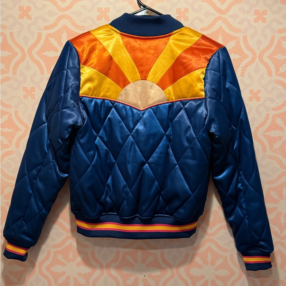 Quilted Blue Satin Bomber Jacket with Orange & Yellow Panels - Picture 2 of 4